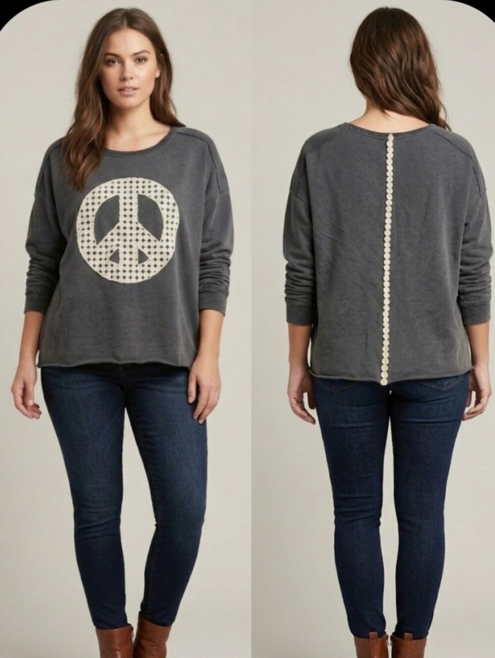 Gray Sweatshirt With Peace Sign Size Umgee Large